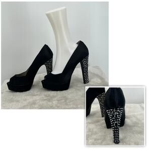 STEVE MADDEN Black Satin Rhinestone Platform Heels 9 Formal Pageant Red Carpet